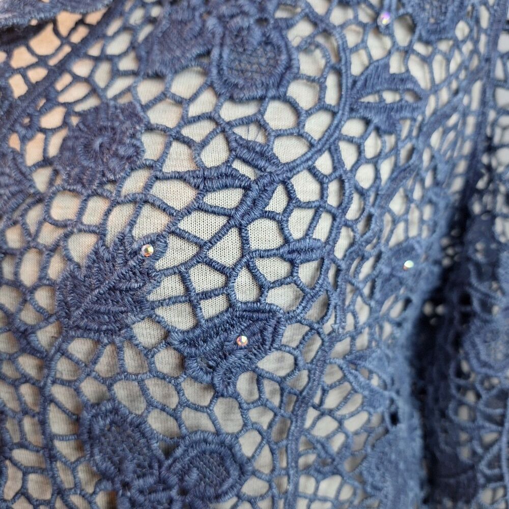 Lafei-nier Boho Floral Crochet Lace Jacket Cardigan Top Denim Color Rhinestones - Picture 6 of 9